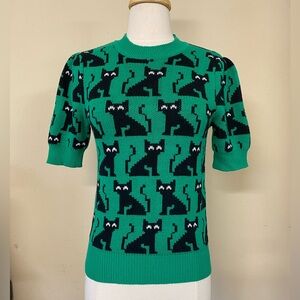 ModCloth Halloween Spooky Green Black Cat Short Sleeve Sweater